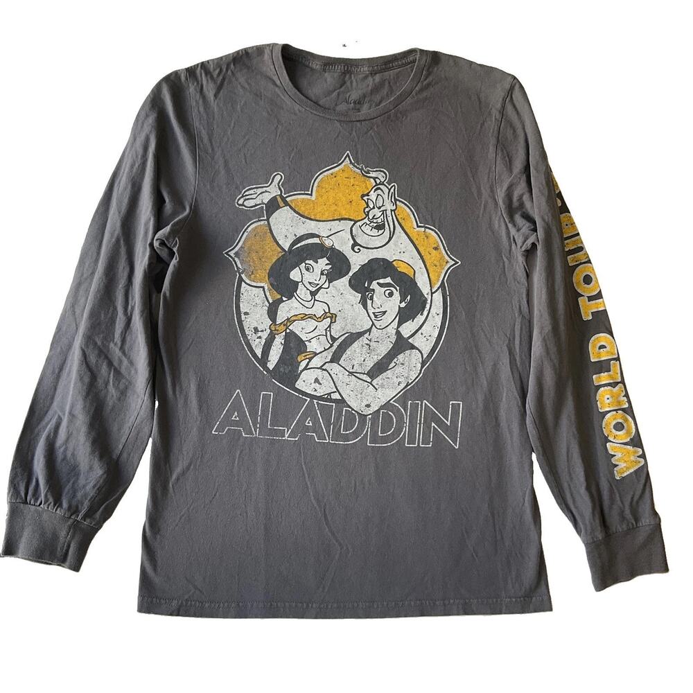Disney Men Shirt SMALL Gray Graphic Print Aladdin Characters Logo Long Sleeve